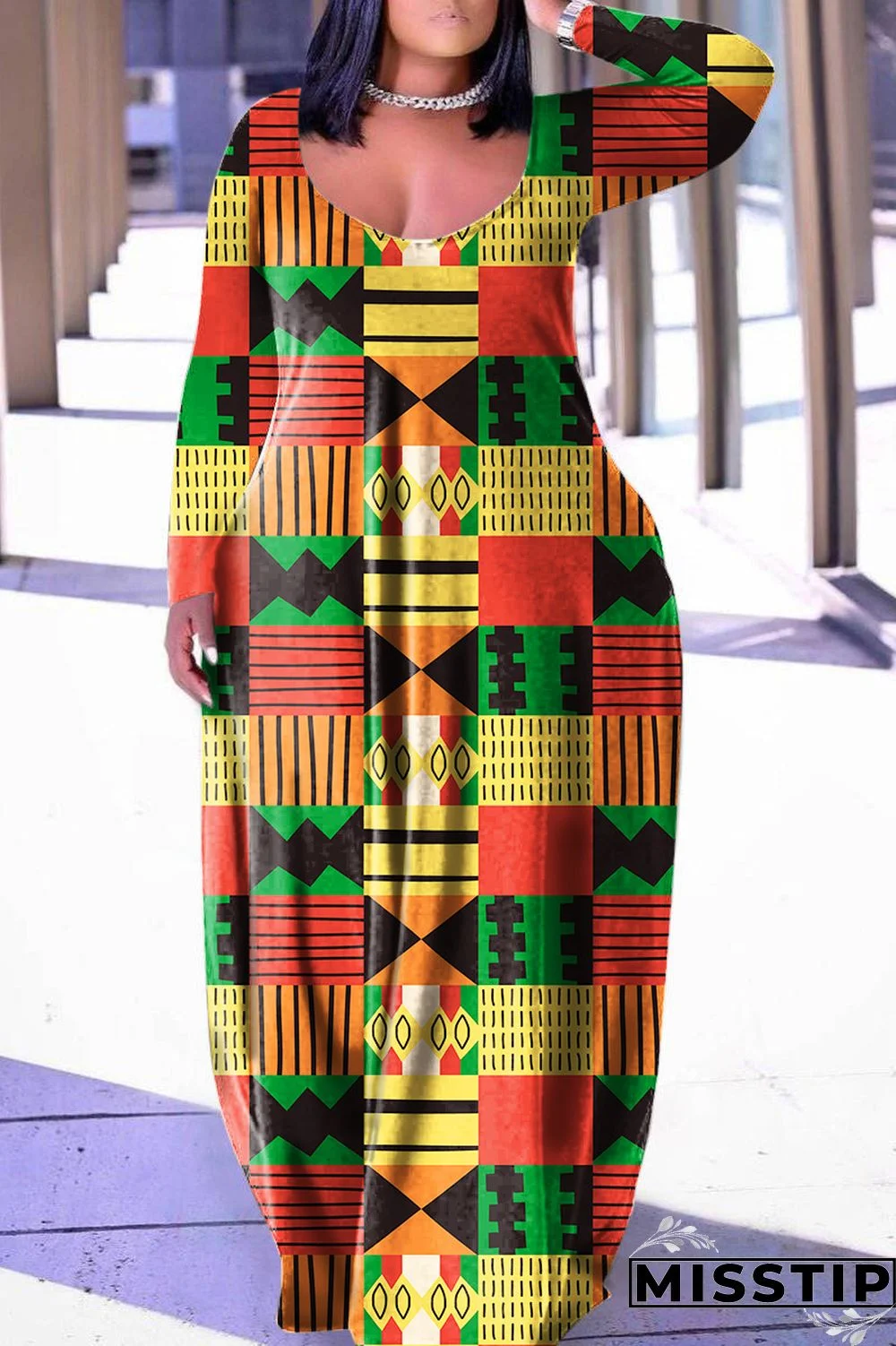 Grey Casual Print Basic V Neck Long Sleeve Dresses