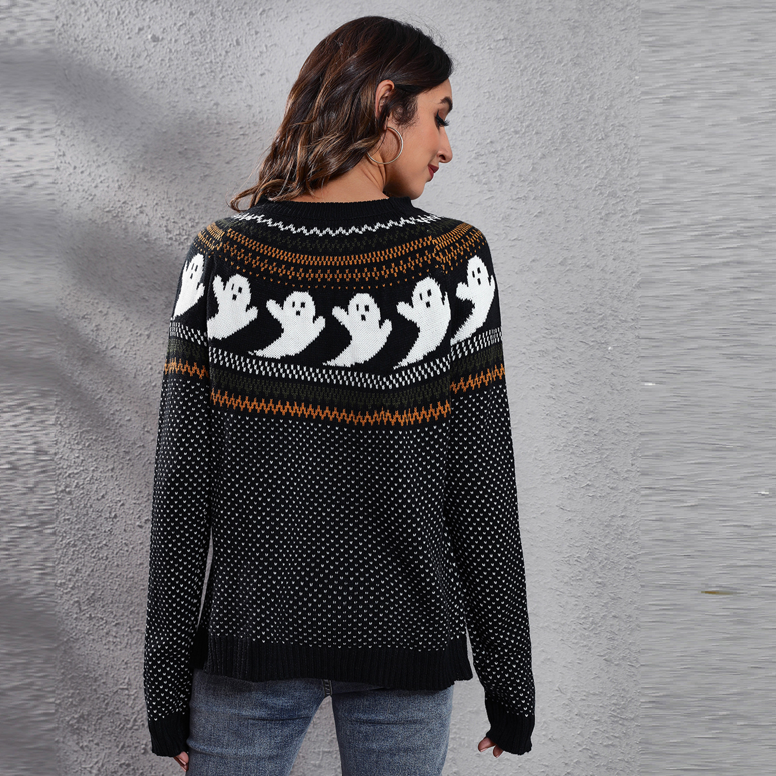 Women Halloween Ghost Retro Polka Dot Long Sleeve Knitted Sweater
