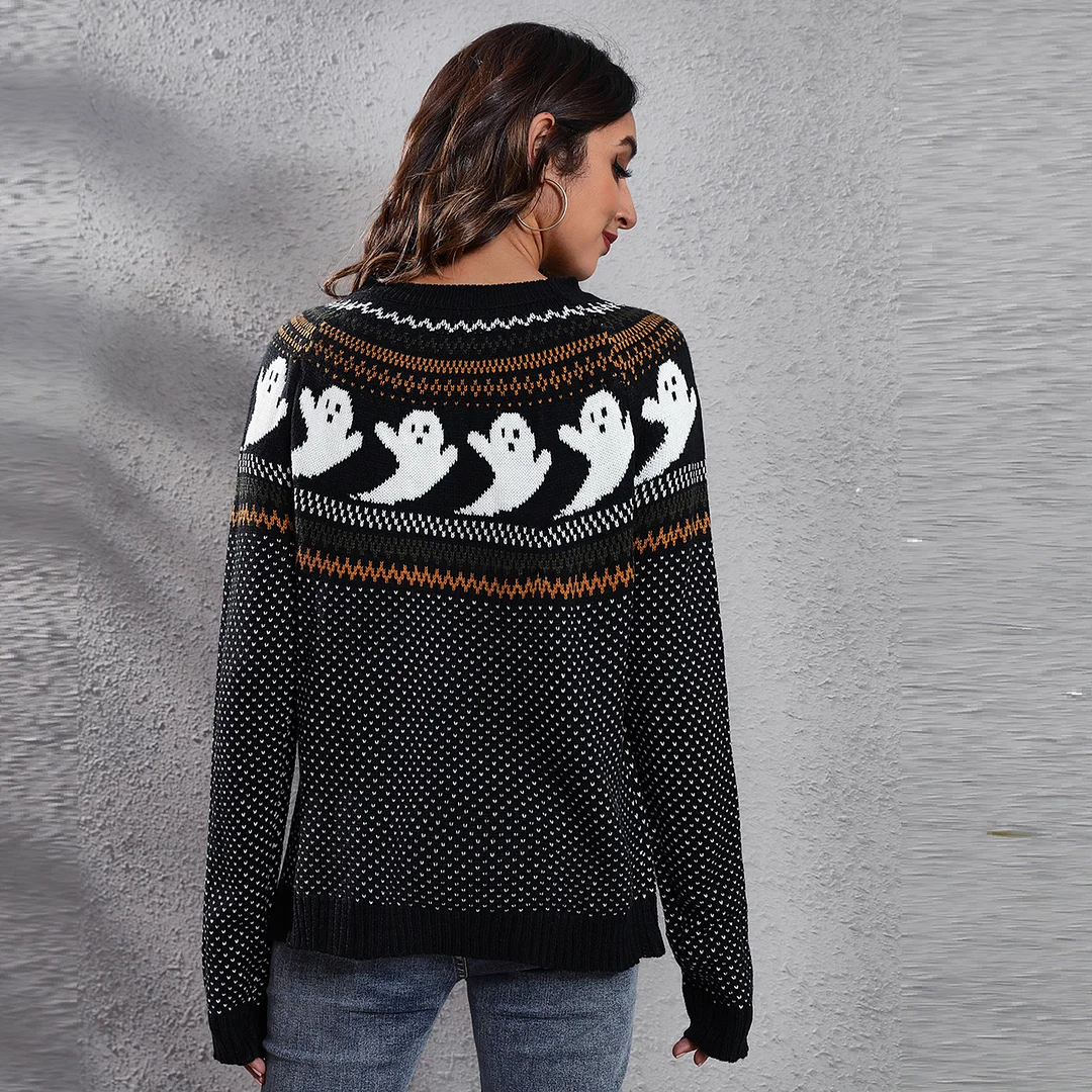 Women Halloween Ghost Retro Polka Dot Long Sleeve Knitted Sweater