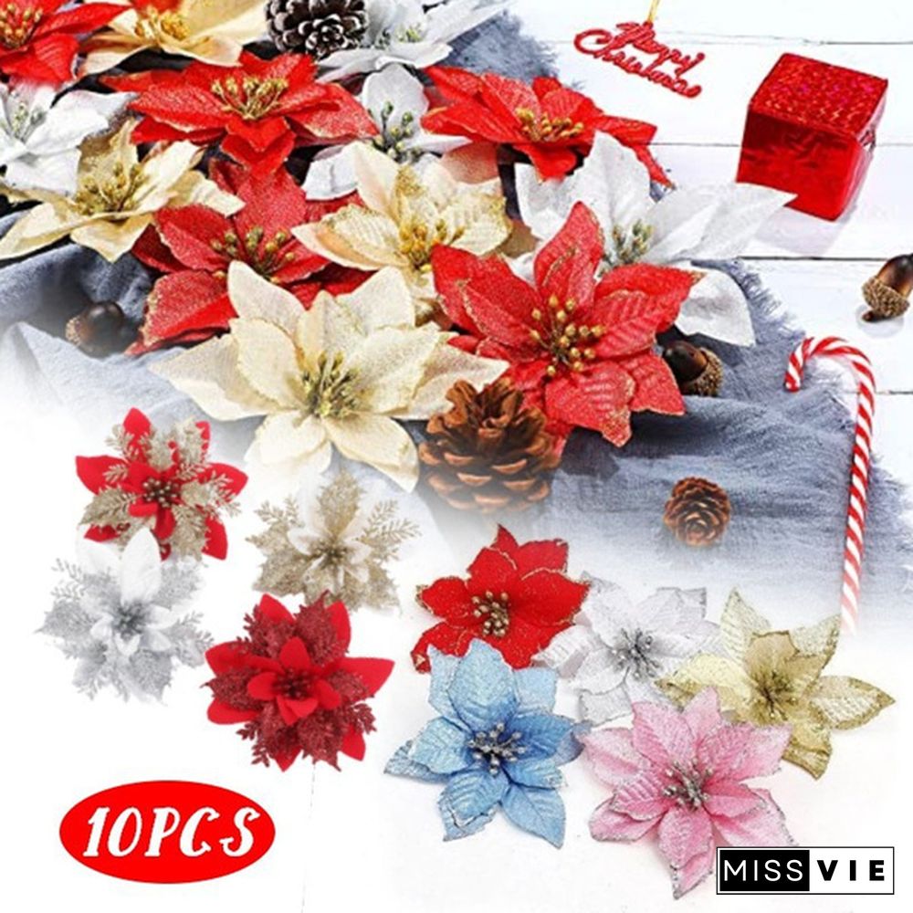 10 Pcs/Set Glitter Christmas Flower Poinsettia Christmas Tree Decorations Ornaments Christmas DIY Craft 11 Colors