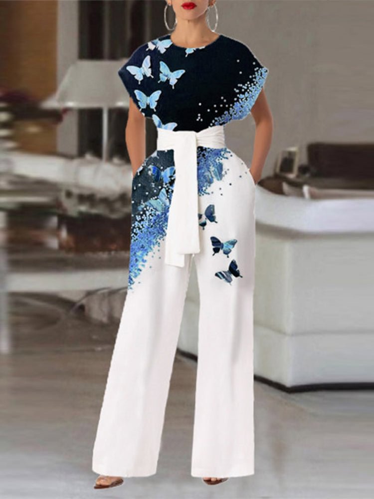 Butterfly Print Contrast Color Tie Waist Crew Neck Women Jumpsuits SKUI30334 QueenFunky