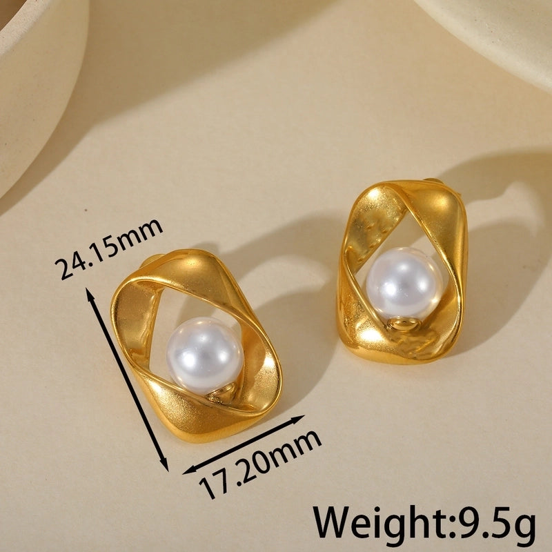 1 Pair Elegant Retro Artistic Irregular Geometric Heart Shape Plating Inlay 304 Stainless Steel Imitation Pearl 18K Gold Plated Ear Studs