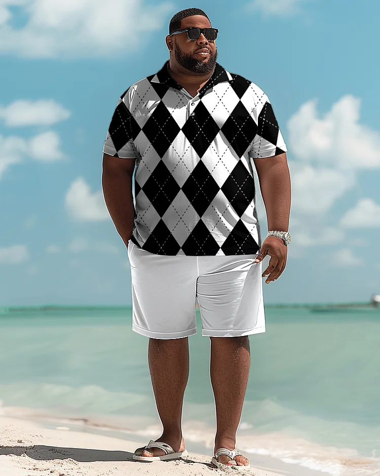 Men's Plus Size Classic Diamond Check Polo Shirt Shorts Suit