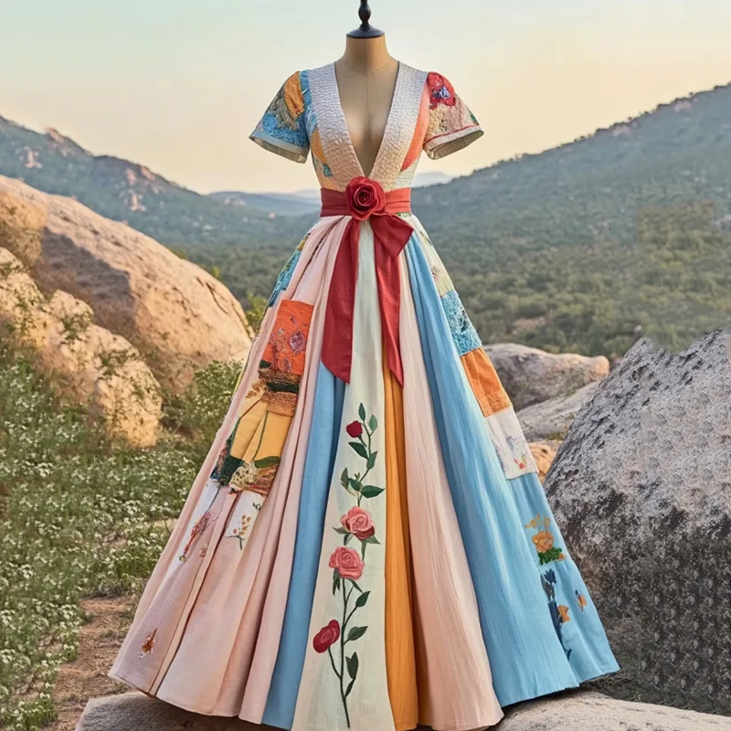 Women's Vintage Floral Art Cotton Linen Maxi Dress