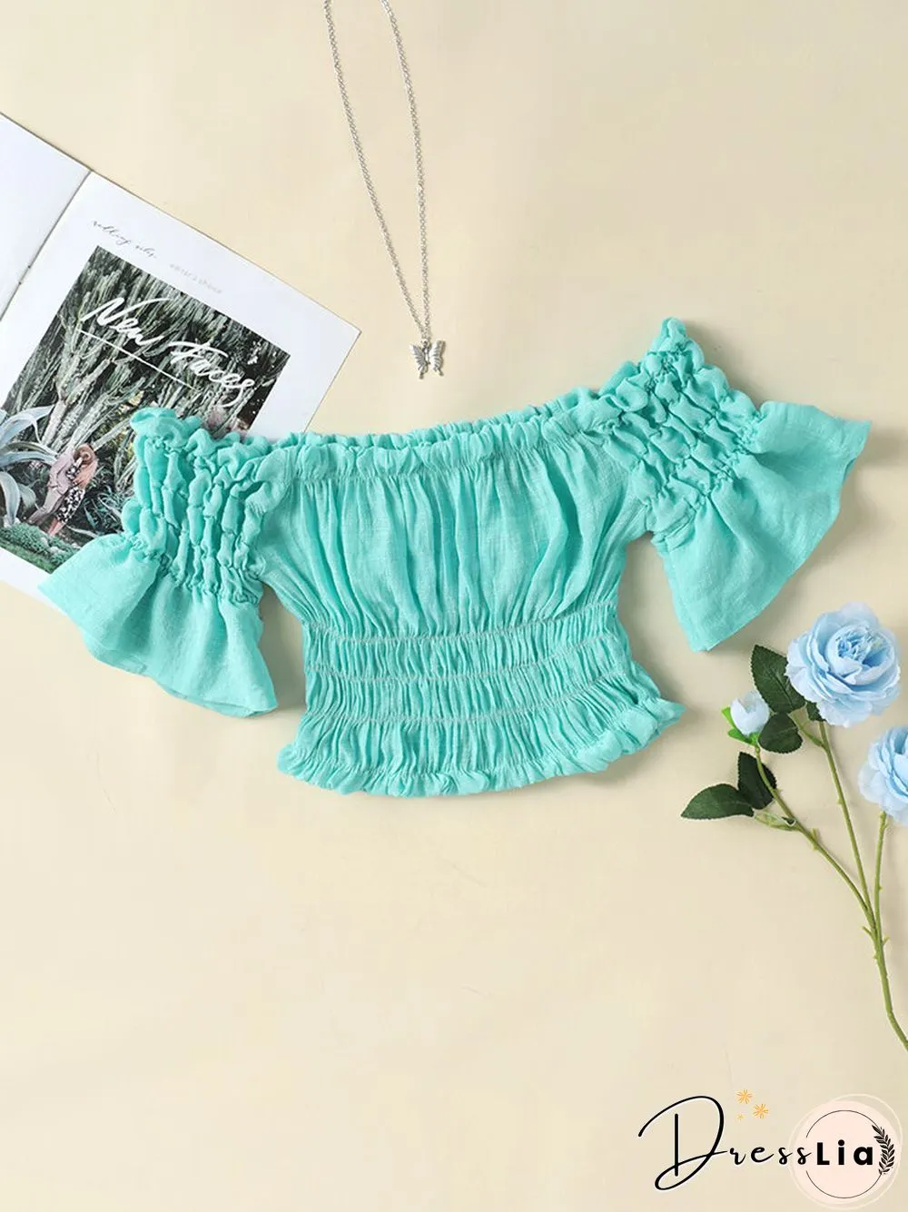 Solid Elastic Waist Bell Sleeve Off Shoulder Crop Top