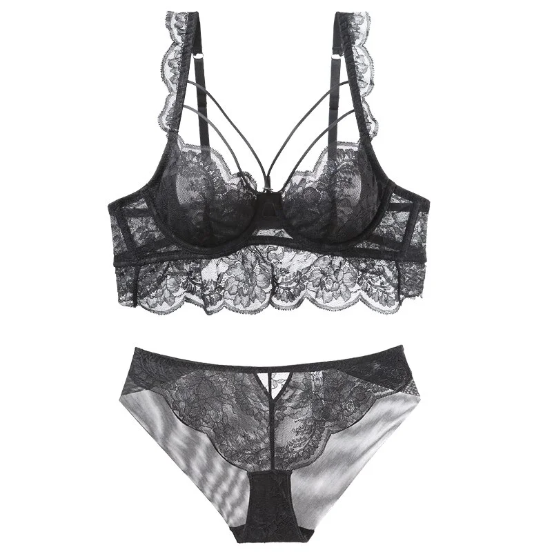Billionm Women Underwear Sexy Ultra Thin Bra Set Black Lace Hollow Push Up BrassiereTemptation Intimates Plus Size Bra & Brief Set