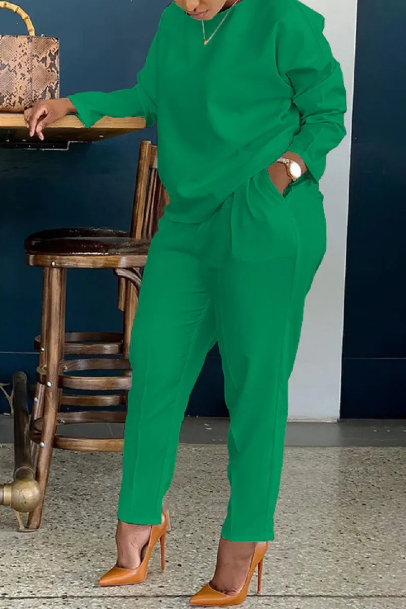 Casual Solid Color O Neck Long Sleeve Two Pieces(5 Colors)