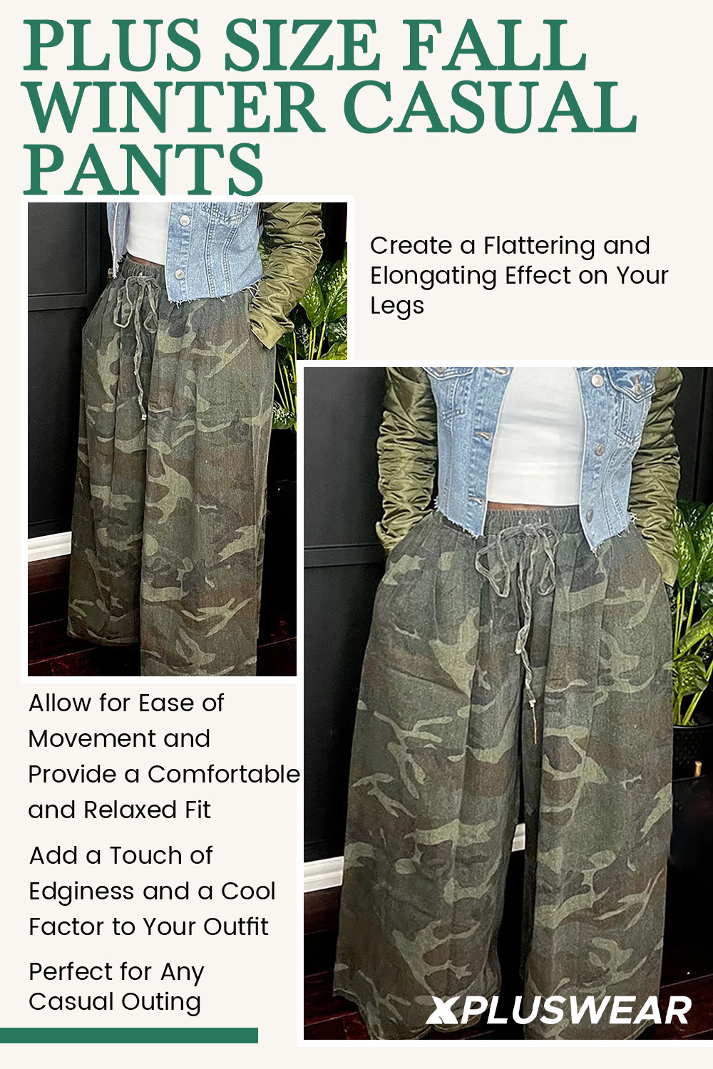 Plus Size Daily Pants Casual Army Green Camo Fall Winter Wide Leg Pants
