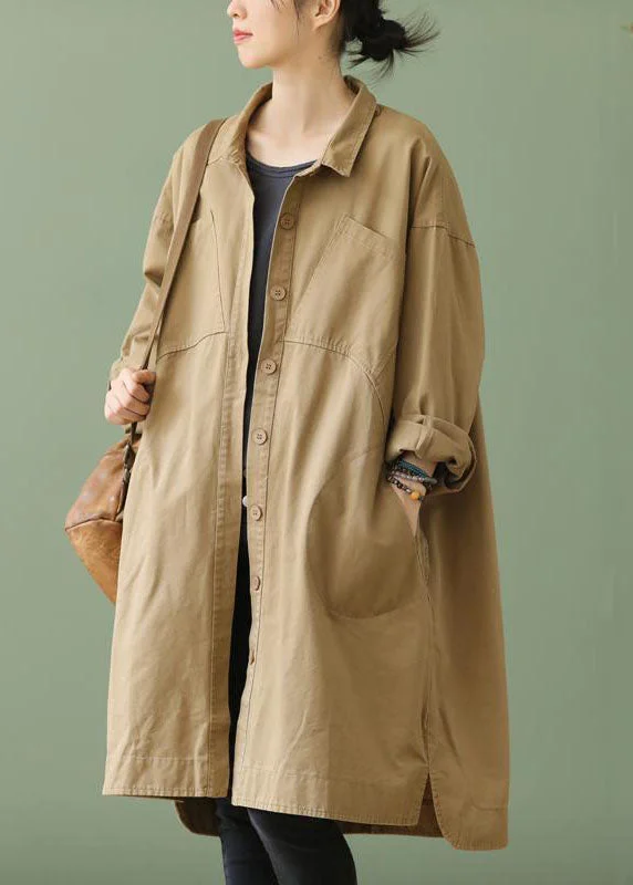 Style Khaki PeterPan Collar Pockets Button low high design Fall Long sleeve Trench Coat