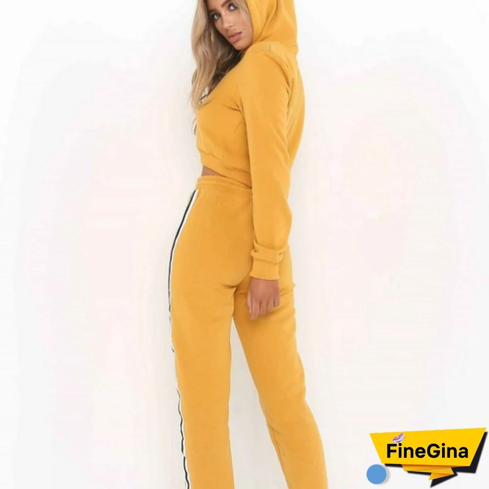 Trending Women's Long Sleeve Casual Suit Lady Fashion Hooded Sweatshirt And Striped Long Pants Two Pieces Outfit For Women