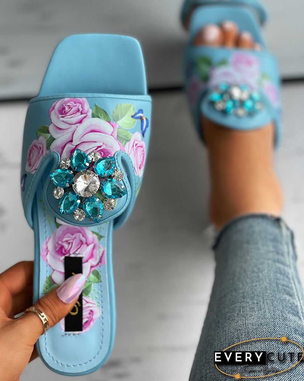 Floral Print Rhinestone Decor Chunky Heels