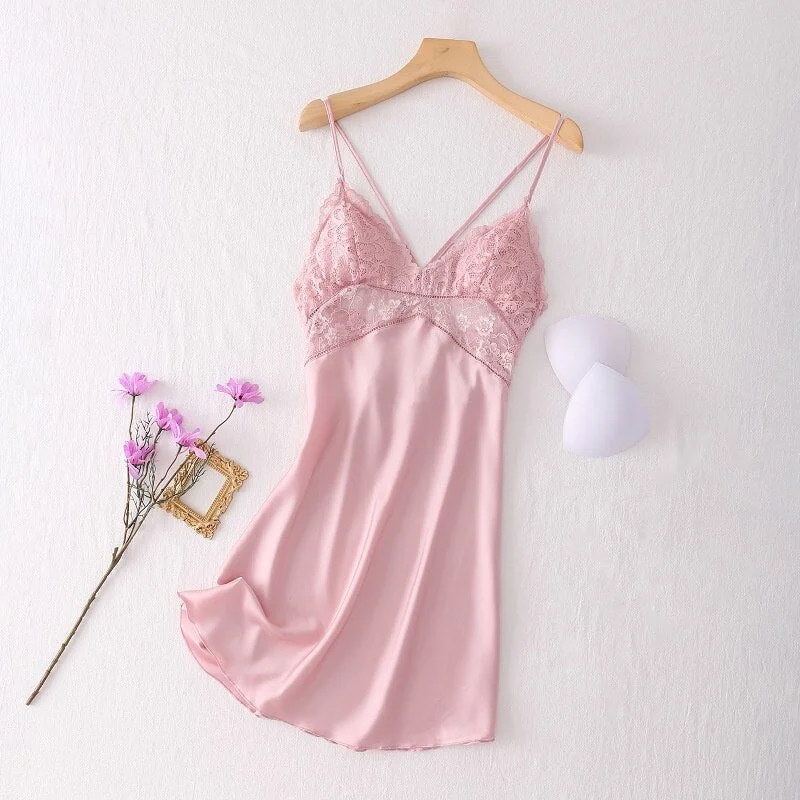 Sexy Nightdress Lace Nightgown Women's Lingerie Backless Lace V-neck Nightwear Imitate Ice Silk Night Dress Homewear for Female