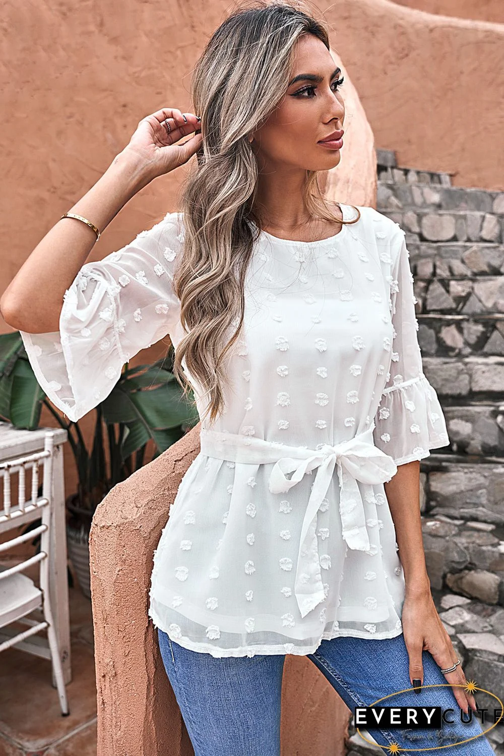 White Swiss Dot Tie Blouse