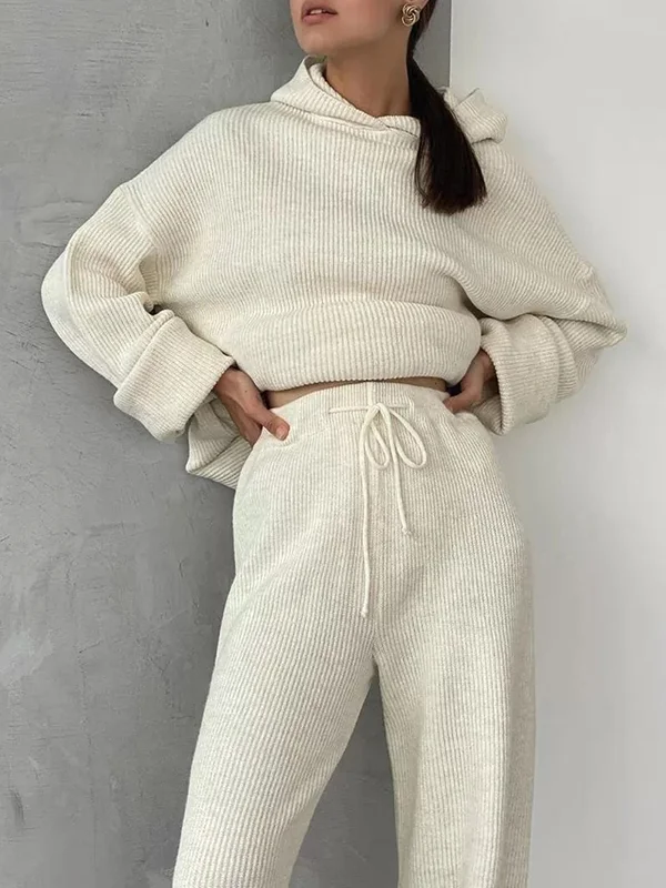 Loose Solid Color Hooded Long Sleeves Round-Neck Sweater Top + Drawstring Pants Bottom Two Pieces Set