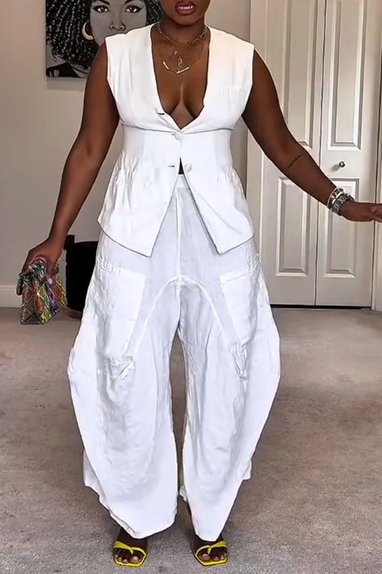 Plus Size Business Casual White Casual Pocket Two Piece Pant Sets [Pre-Order] 2024 - Xpluswear