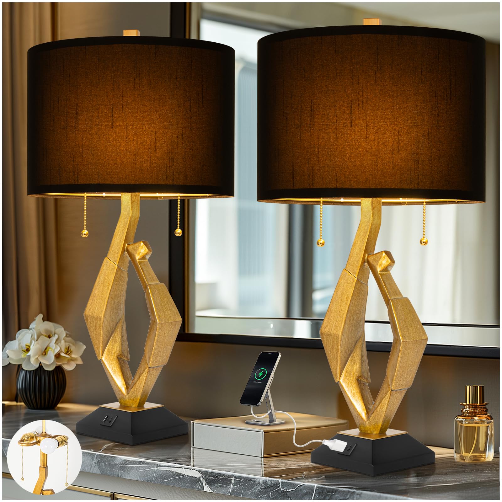 Sculptural Table Lamp Set of 2 with USB Ports
