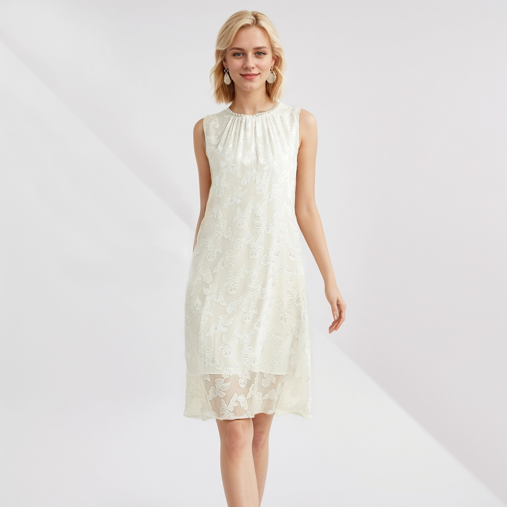 Silk Dress Sleeveless Jacquard White Premium REAL SILK LIFE