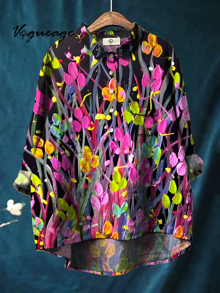 Bright And Colorful Flowers And Plants Printed Cotton And Linen Shirt