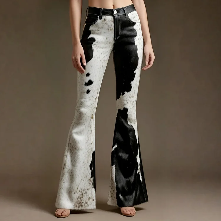 Western Cow Print High Rise Bell Bottom Pants