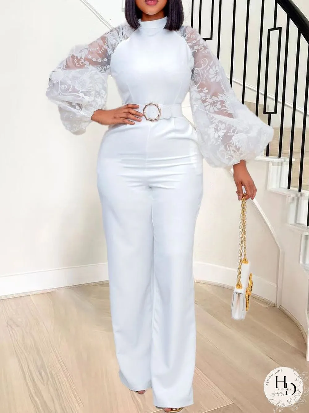 Women'S Jumpsuits Mesh Balloon Sleeve Slim Fit Wide-Leg Jumpsuit