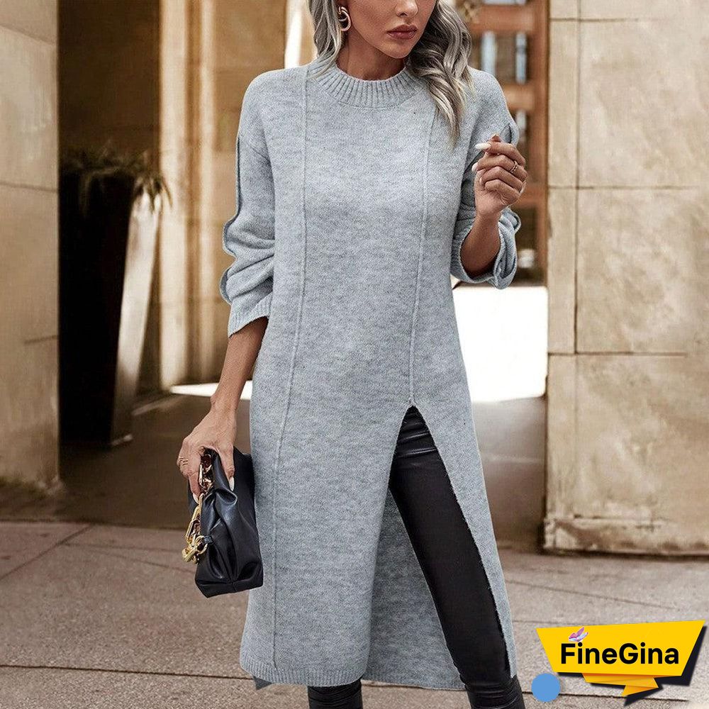 Grey Plain Round Neck Sweater