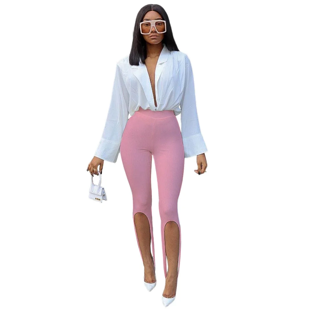 CM.YAYA Women Knit Solid High Slit Legging Pants Streetwear Party High Waist Trousers