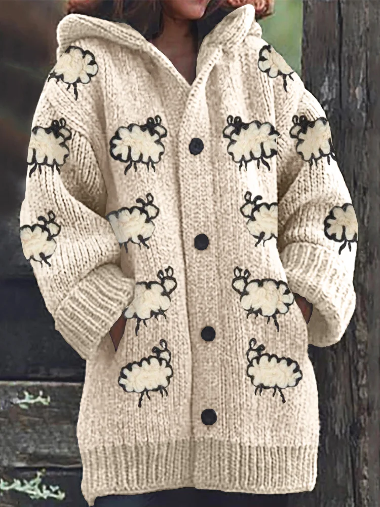 VChics Cotton Sheep Pattern Cozy Hooded Cardigan