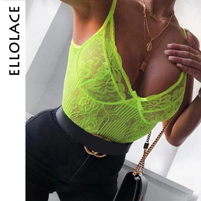 Ellolace Neon Summer 21 Colors Lace Bodysuit Women Floral Embroidery Bow Tie Transparent Sexy Bodysuit Jumpsuit Overalls Party 708-2