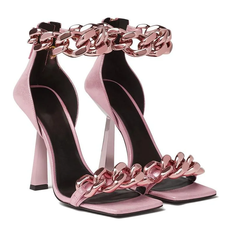 New Fashion Chain High Heel Sandals Women Square Open Toe Rome Sandlas Sexy Party Shoes Plus Size Woman  Zip Peep Toe