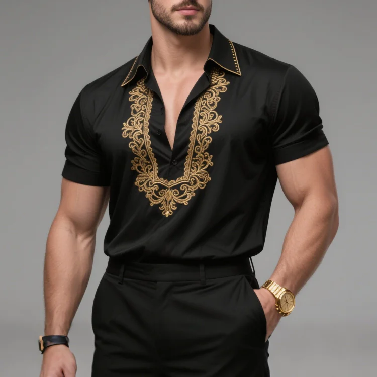 Okaywear Embroidery Turndown Collar Short Sleeve Half Button Shirt 