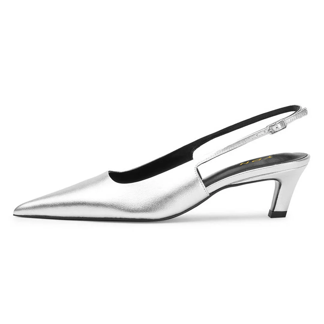 Metallic Finish Pointed Toe Buckle Slingback Kitten Heels in Silver