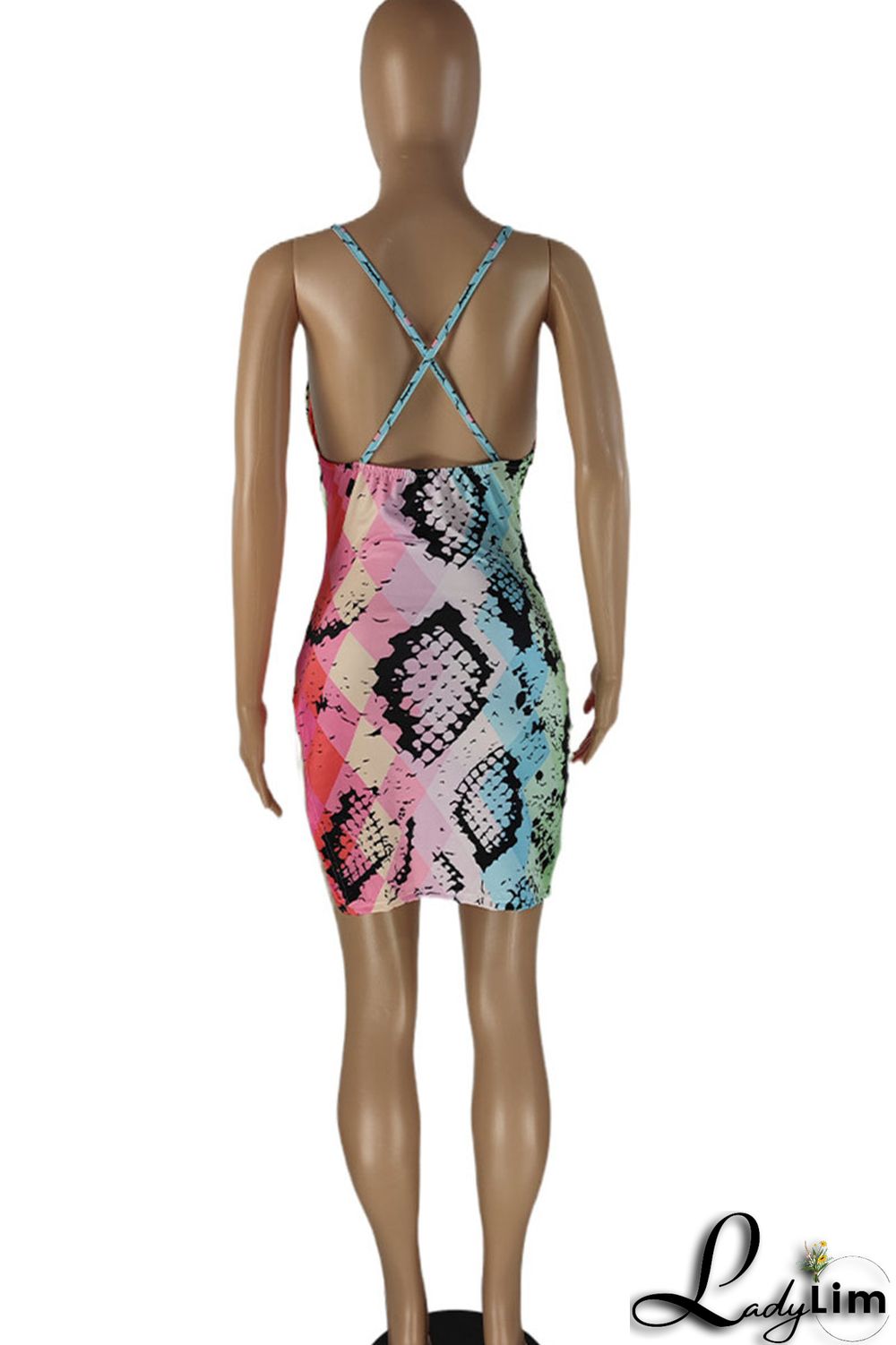 Multi-color Sexy Print Split Joint Slit Spaghetti Strap Pencil Skirt Dresses