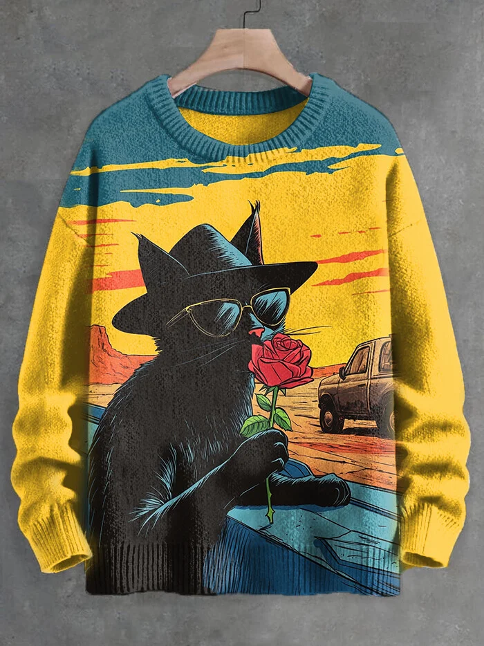 Men's Western Black Cat Kisses Red Rose Print Knit Sweatshirt
