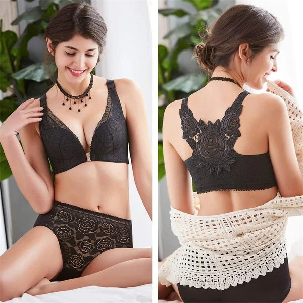 🎁LAST DAY 45% OFF🎁Rose Embroidery Front Closure Wirefree Bra – Seamless, Beauty Back, Comfy