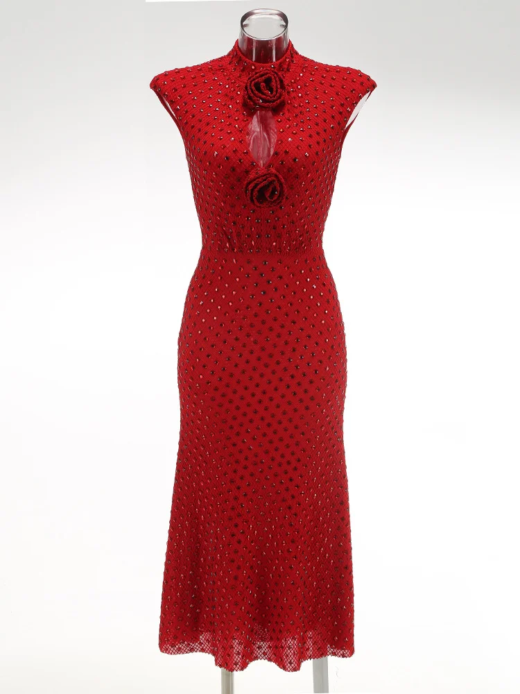 Brownm Exploding New Hot Women's Long Hot Diamond Sexy Flower Dress Dinner Dress Temperament Ass