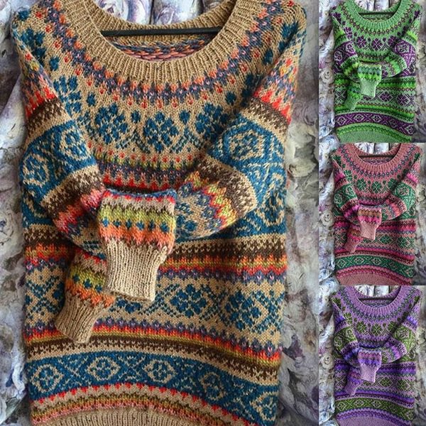 Bohemia Printed O-neck Long Sleeve Knitted Sweater Casual Cotton Pullover Autumn Winter Keep Warm Tops for Women Fashion Sweater - Shop Trendy Women's Fashion | TeeYours