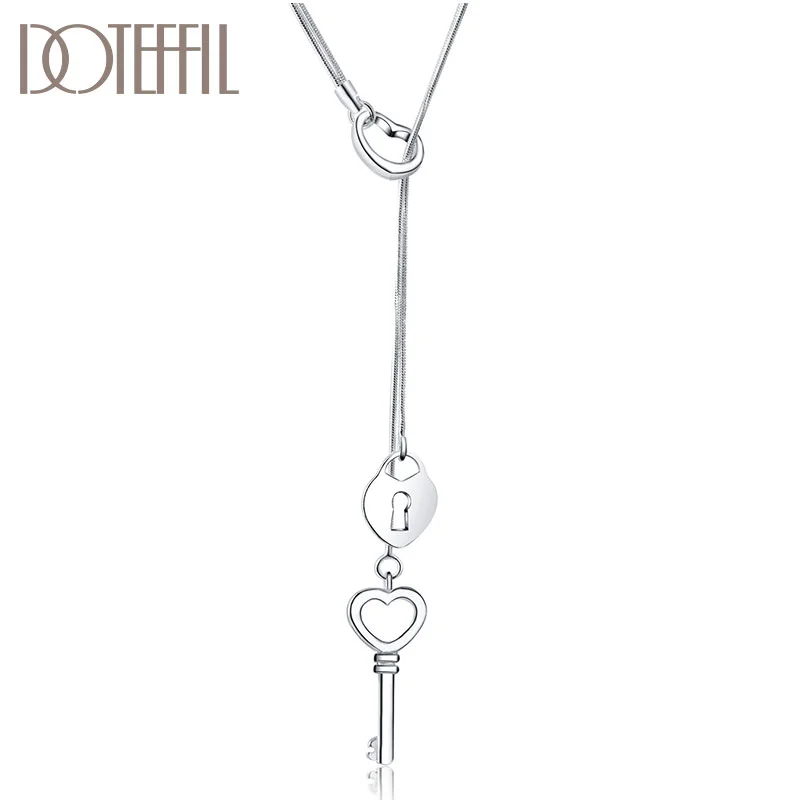 DOTEFFIL 925 Sterling Silver 18 Inches Heart-Shaped Key Snake Chain Necklace For Women Jewelry