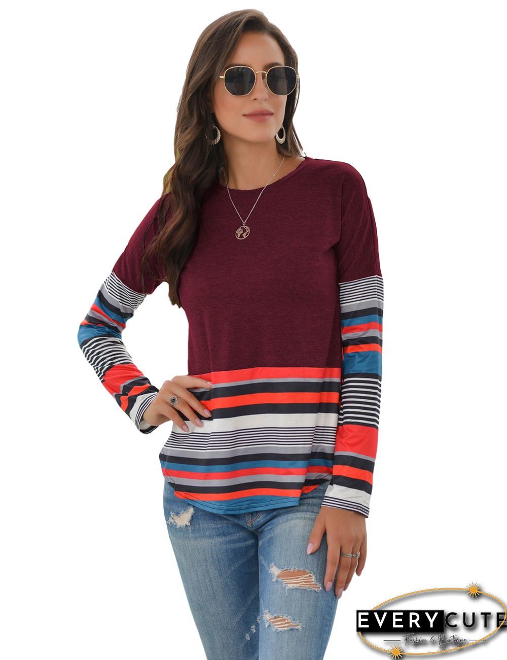 Wine Red Striped Colorlock Long Sleeve Top