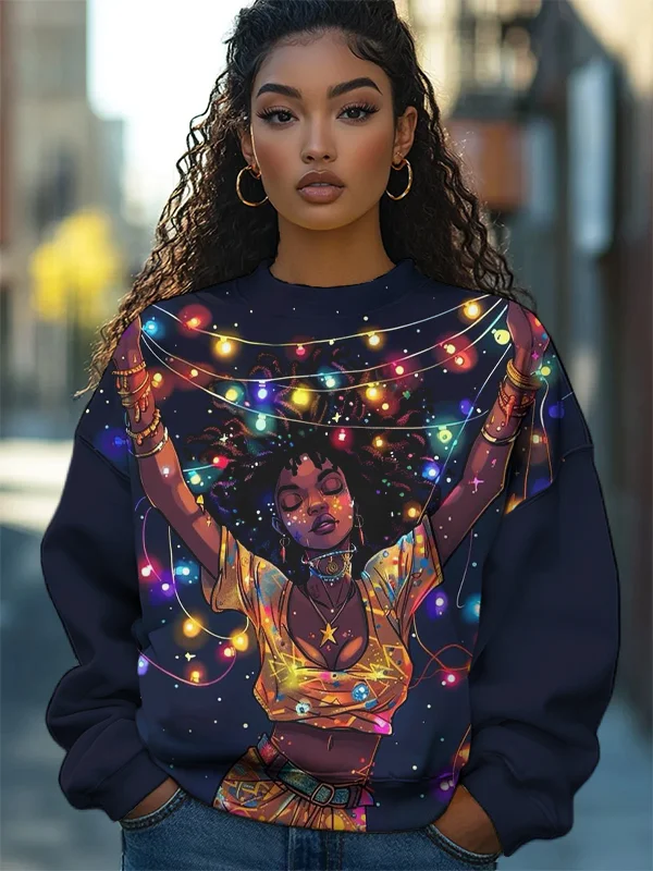 Women's Sparkly Lights African Girl Print Casual Sweatshirt