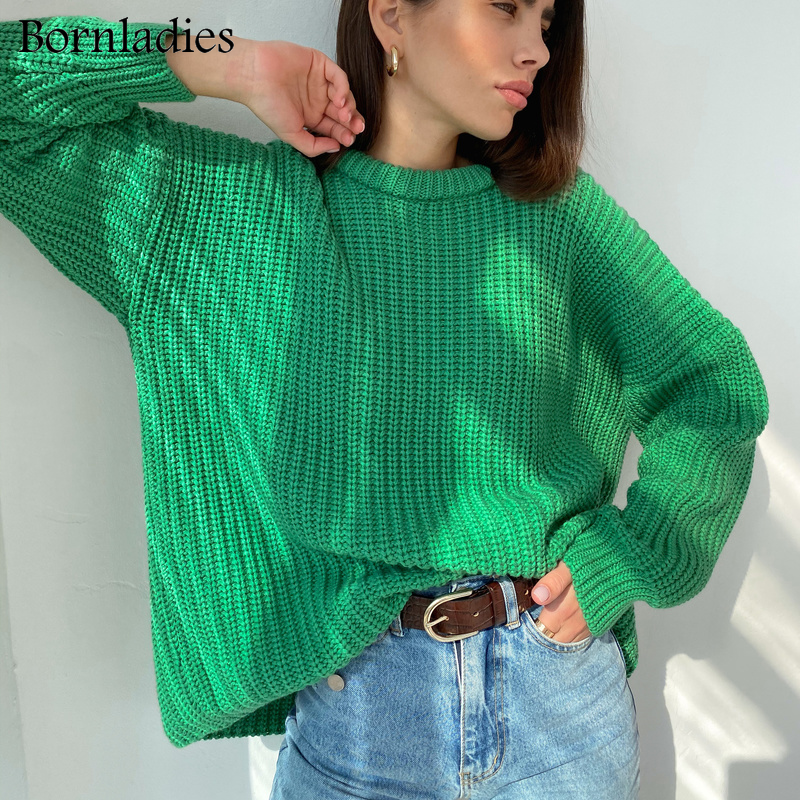 Bornladies Autumn Winter Thickening Oversized Green Sweater Women Long Sleeve Casual Loose Pullovers Female Solid Knitted Tops