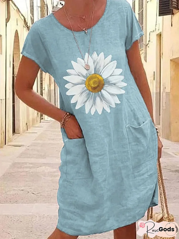 Off Shoulder Loosen Casual Sunflower Short Sleeve Knit Dress