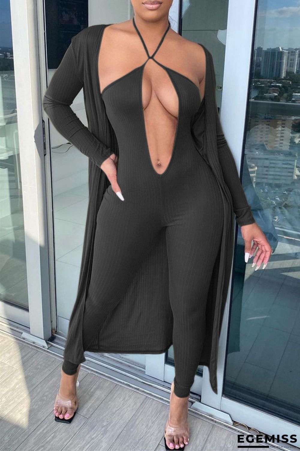 Black Fashion Sexy Solid Cardigan V Neck Long Sleeve Two Pieces | EGEMISS