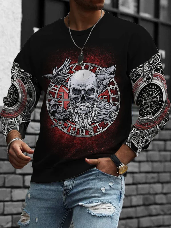 Men's Viking Skull Runes Wolves Round Neck Sweatshirt