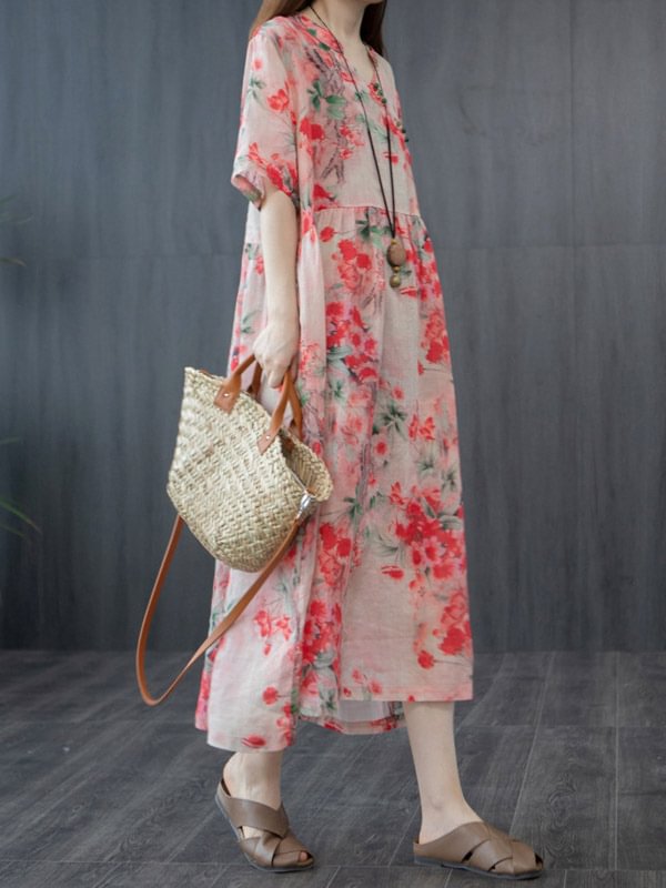 Original Floral Round-Neck Midi Dresses