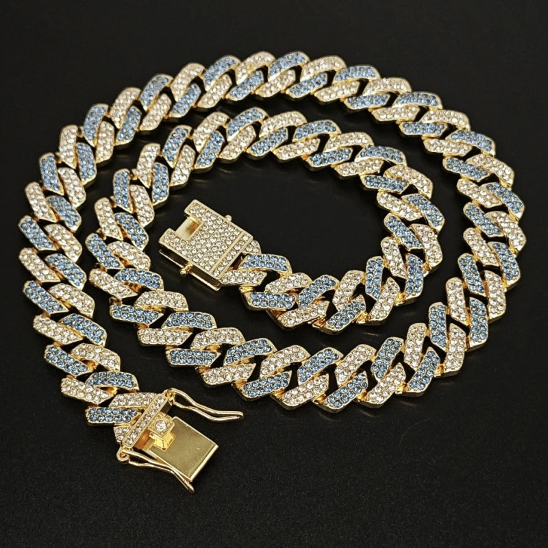Qianshimei New 14mm Encryption Color Half Blue Half Pink Dragon Beard Buckle Flip Rhombus Cuban Chain Hip Hop Necklace
