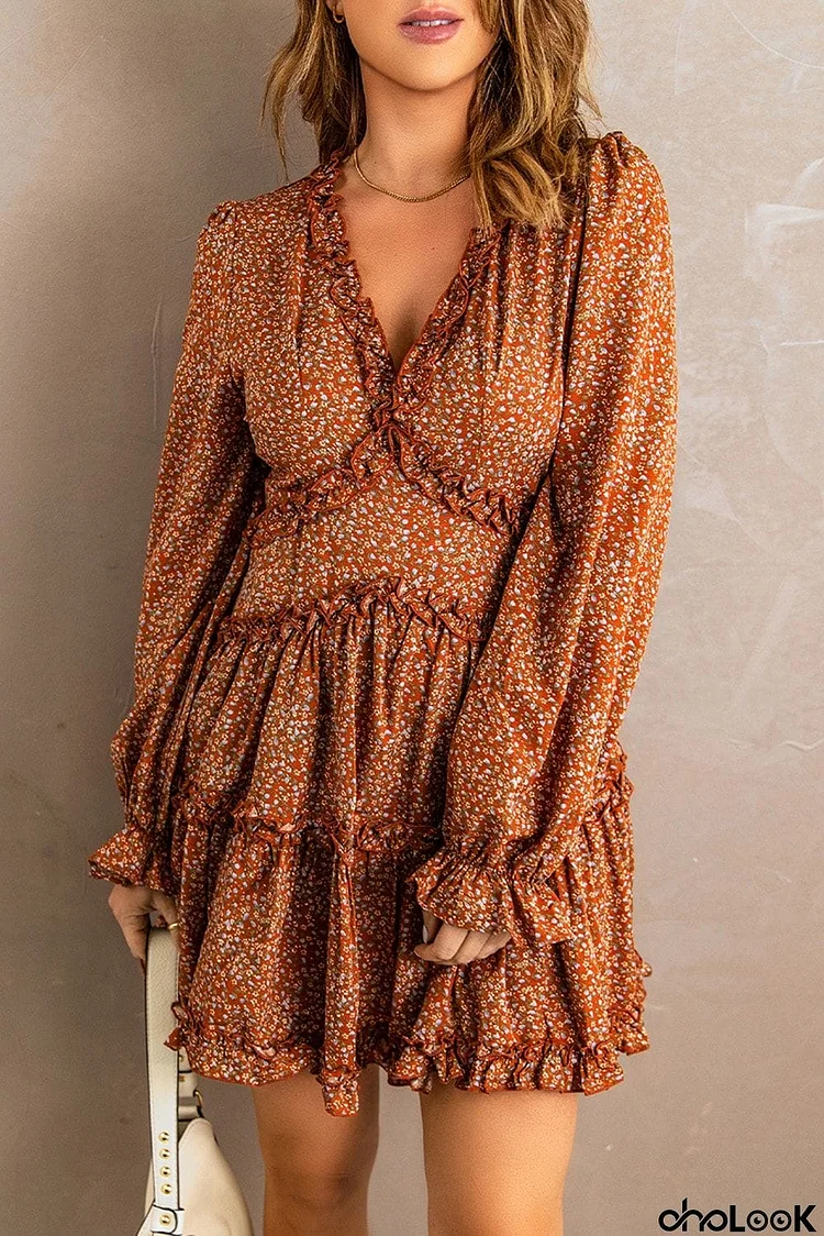 Brown Floral V Neck Dress