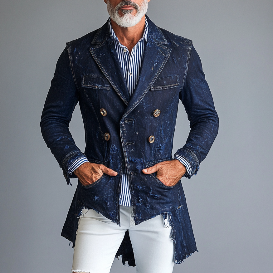 Men's Denim Lapel Collar Buttons Pockets Asymmetric Hem Jacket