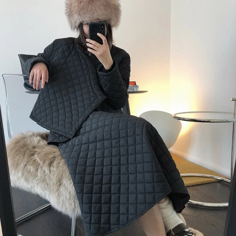 Women Winter New Niche Design Rhombic Oblique Short Cotton Jacket High Waist Skirt Oversize A-line skirt For Two Piece Set