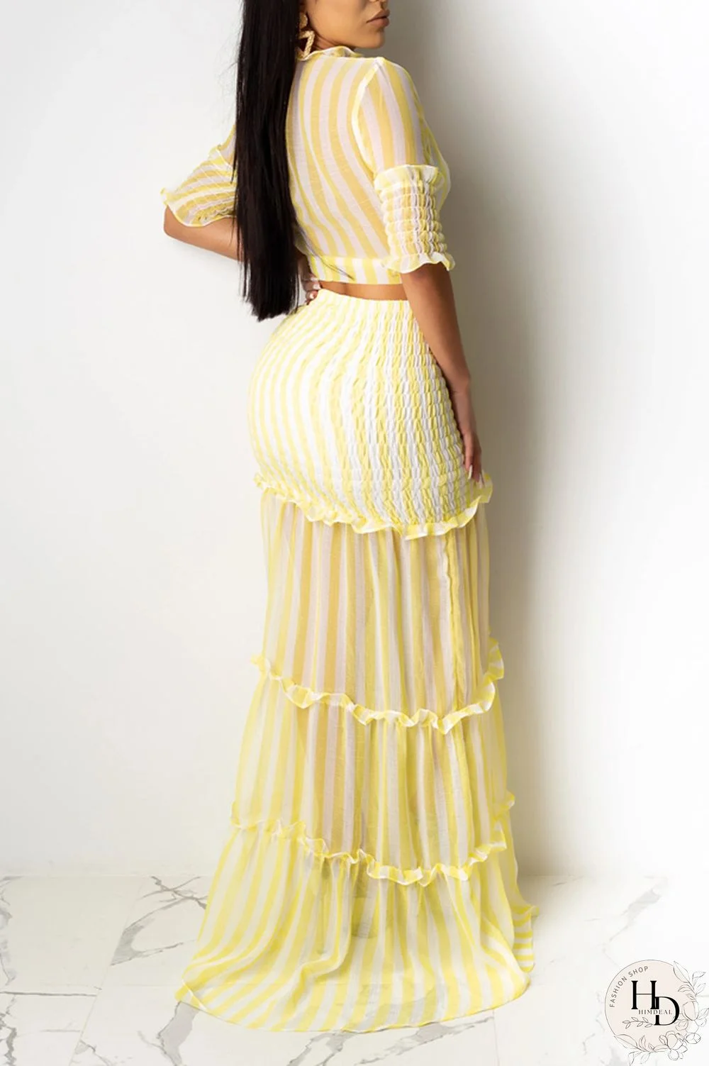 Yellow Casual 3/4 Length Sleeves V Neck Slim Dress Floor-Length Striped Print Patchwork Dresses