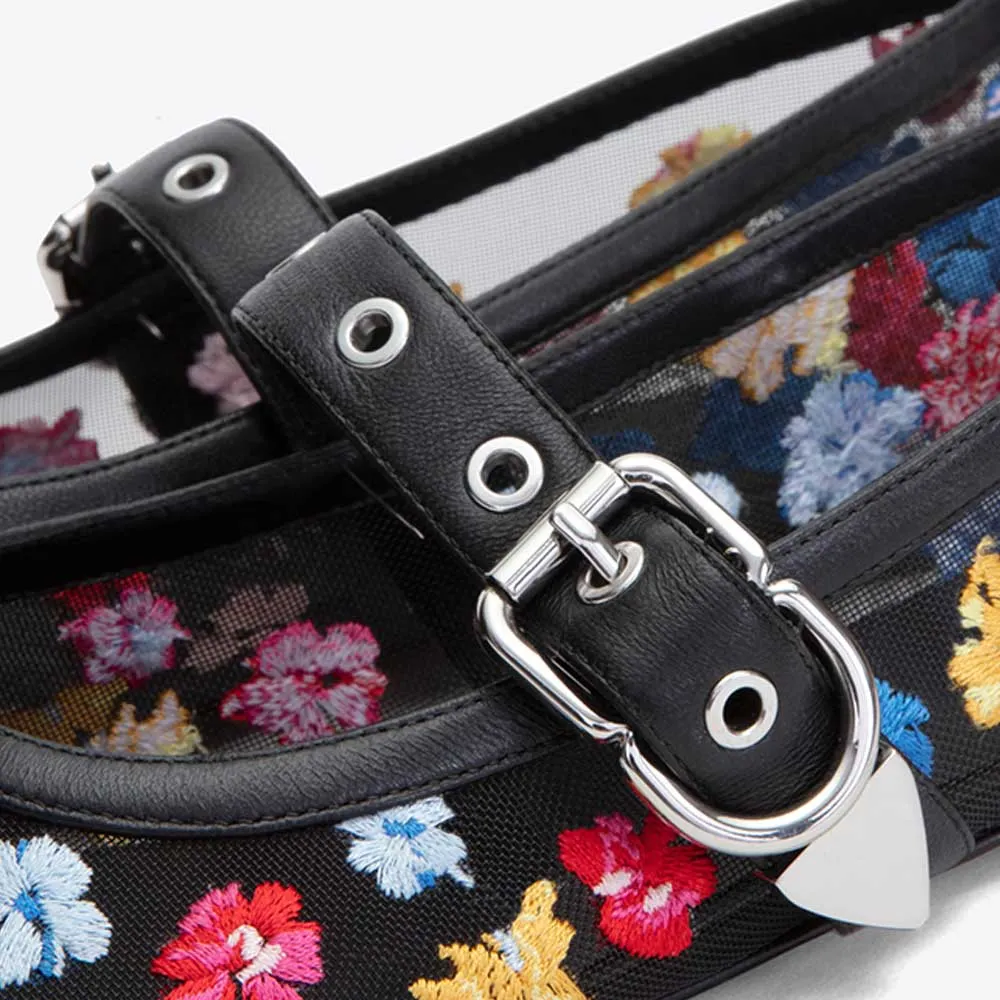 Black Mesh Square Toe Flat Mary Jane Shoes with Colorful Flowers